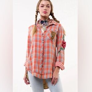 Aratta Ellie Orange Plaid Shirt with Floral Details